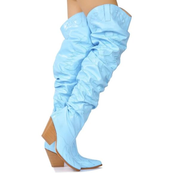 Women Blue Fabric Thigh High Over The Knee Pointed Toe Chunky Heels Tall Boot - Picture 4 of 4